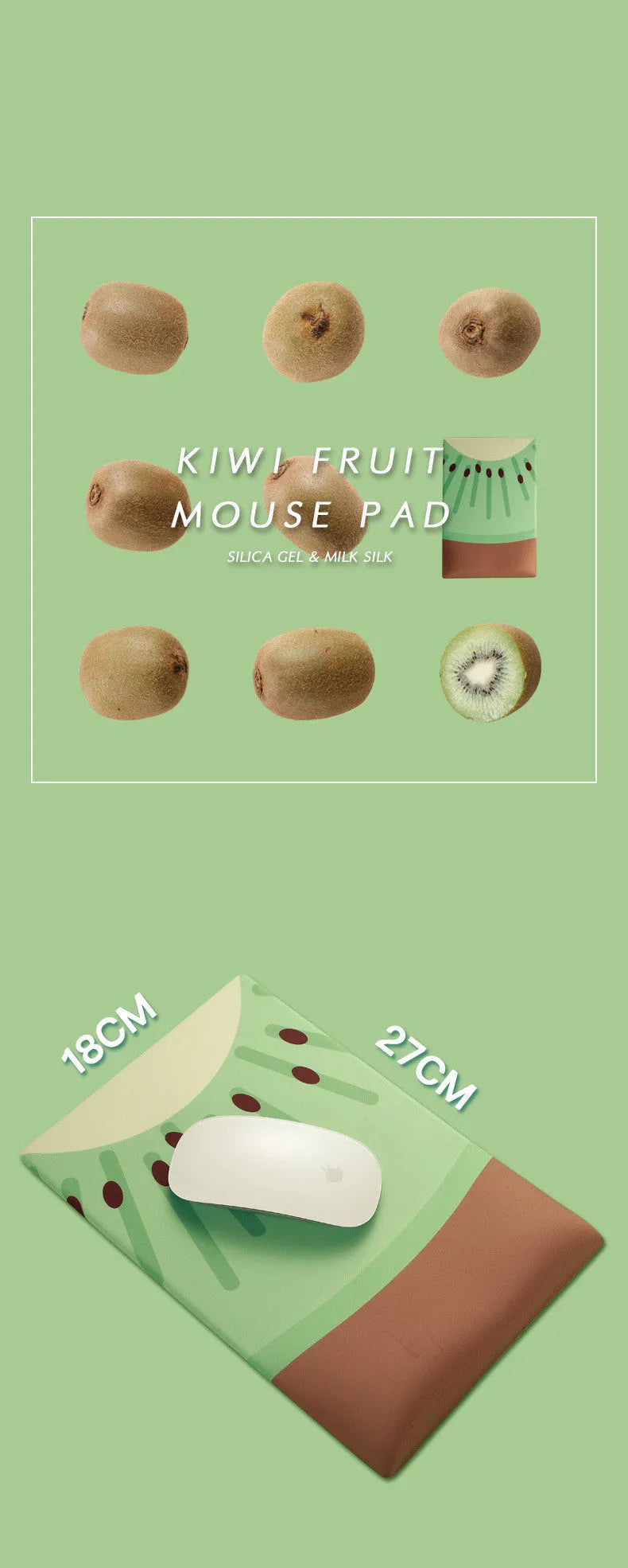 Kiwi-themed wrist support mouse pad with 20mm thick cushion measuring 270mm by 180mm