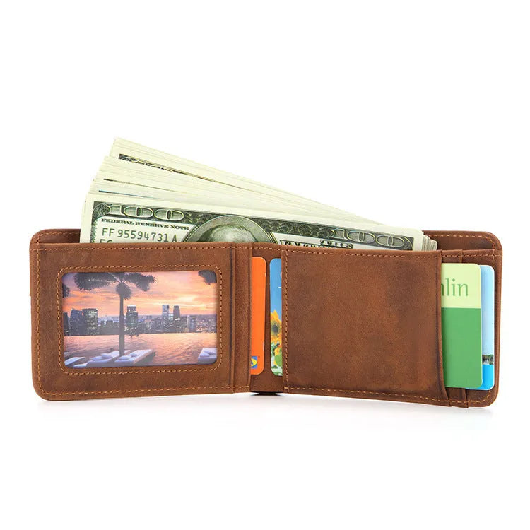 Men's brown RFID leather wallet with card slots and paper money compartment