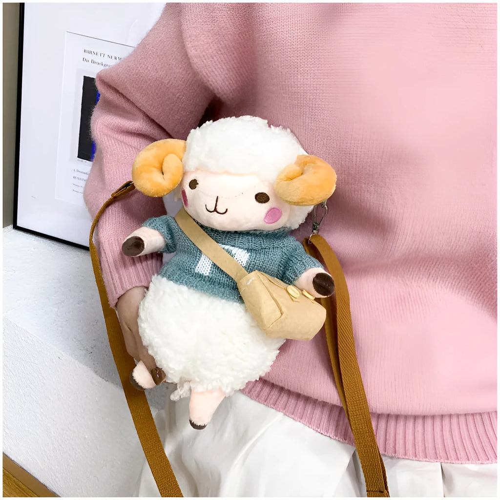 Little Sheep plush crossbody bag with lamb pattern, square shape and zipper opening in blue colour