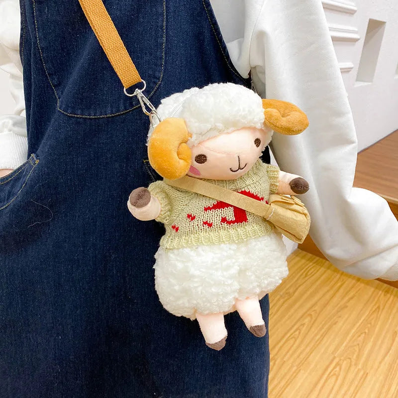 Little Sheep plush crossbody bag with lamb pattern, square shape and zipper opening in blue colour