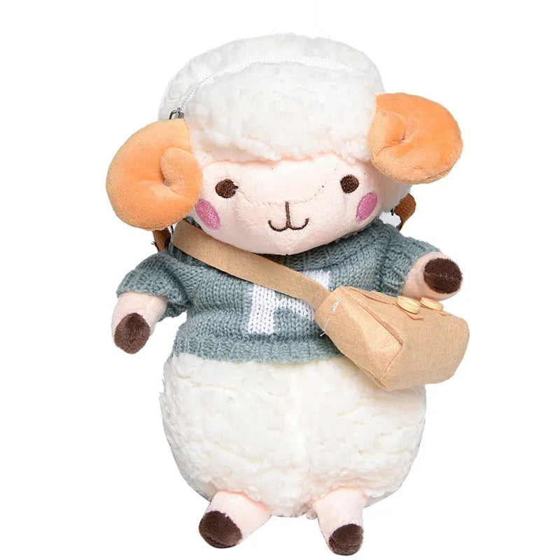 Little Sheep plush crossbody bag with lamb pattern, square shape and zipper opening in blue colour