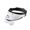 Black LED headband magnifier loupe with five round acrylic lenses and two LED lights on the frame.