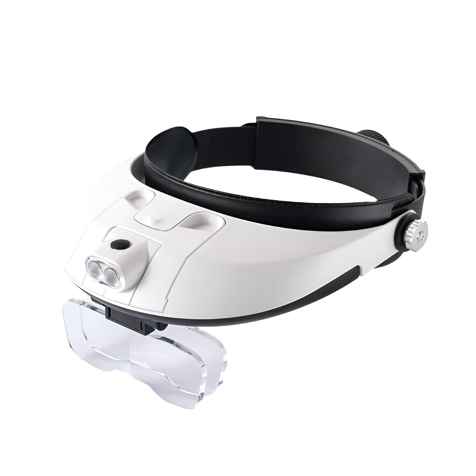 Black LED headband magnifier loupe with five round acrylic lenses and two LED lights on the frame.