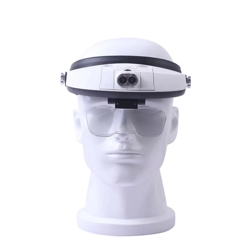 Black LED headband magnifier loupe with five round acrylic lenses and two LED lights on the frame.