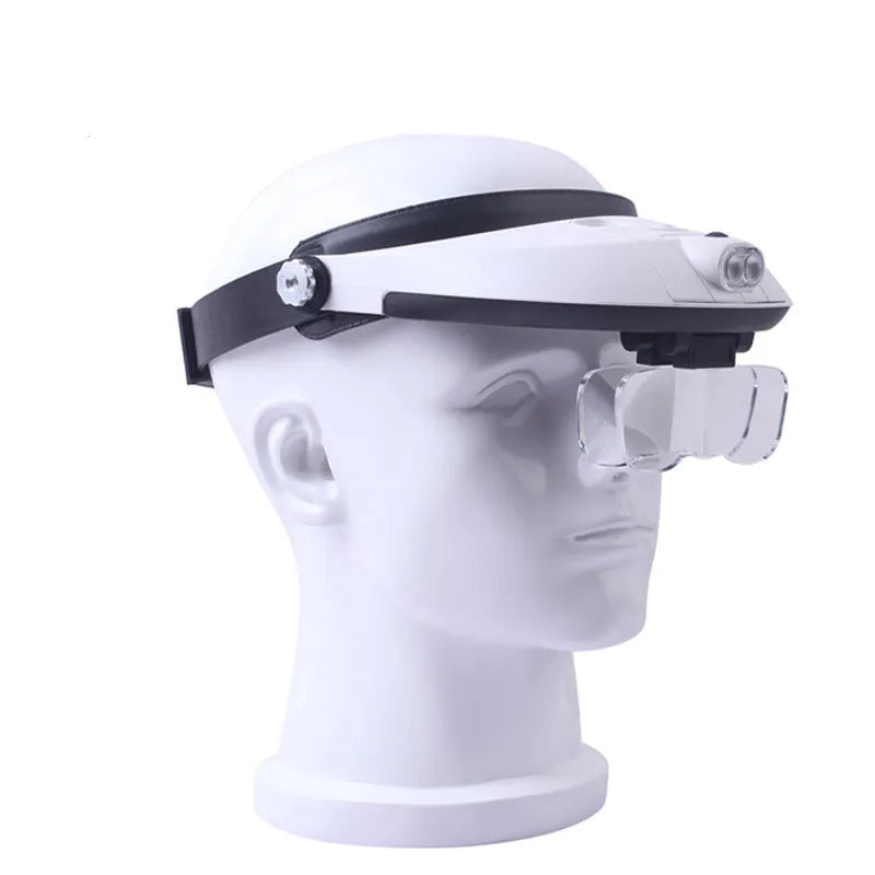 Black LED headband magnifier loupe with five round acrylic lenses and two LED lights on the frame.