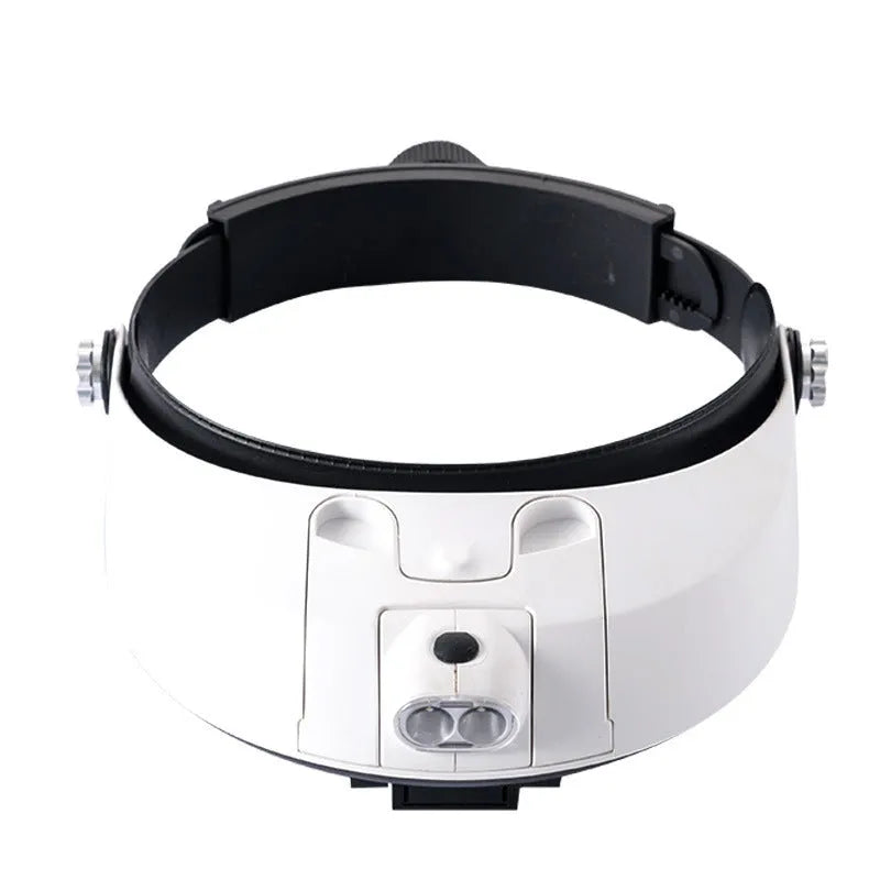 Black LED headband magnifier loupe with five round acrylic lenses and two LED lights on the frame.