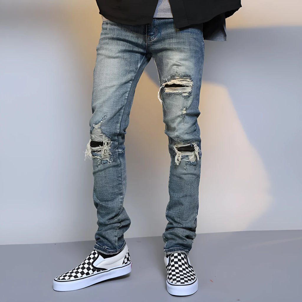 Mens Ripped Washed Blue Denim Jeans regular fit cotton denim middle waist zipper fly