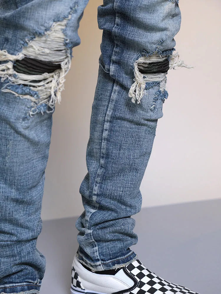 Mens Ripped Washed Blue Denim Jeans regular fit cotton denim middle waist zipper fly