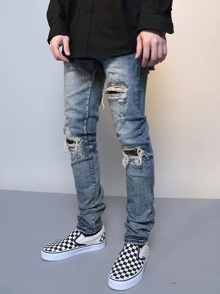 Mens Ripped Washed Blue Denim Jeans regular fit cotton denim middle waist zipper fly