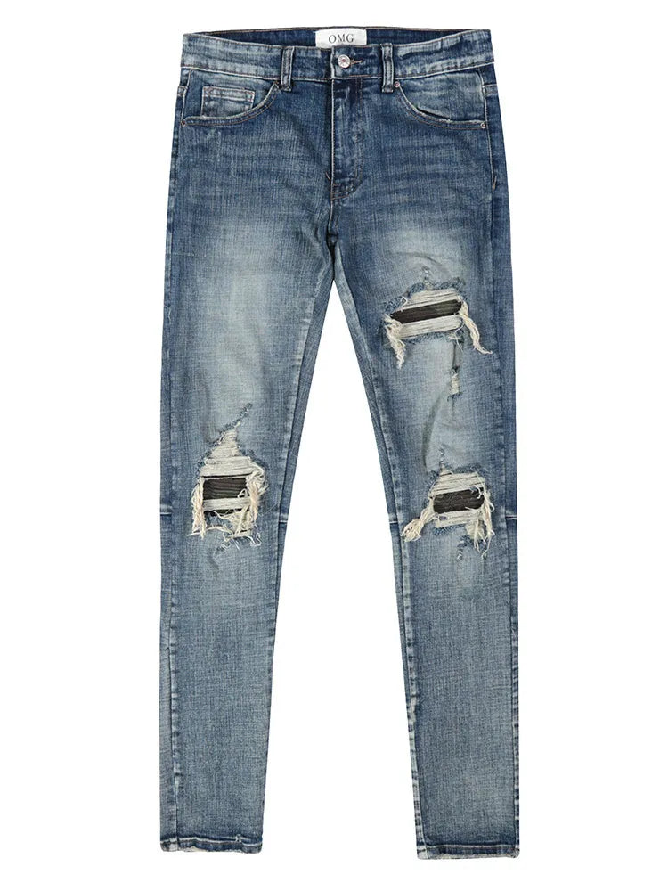 Mens Ripped Washed Blue Denim Jeans regular fit cotton denim middle waist zipper fly
