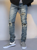 Mens Ripped Washed Blue Denim Jeans regular fit cotton denim middle waist zipper fly
