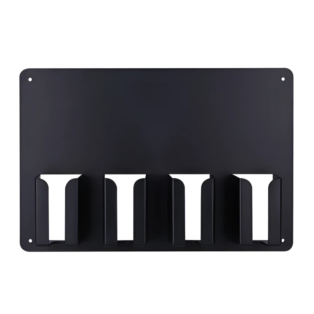 Black plastic wall-mounted frame holding four hair clippers for salon or home storage.