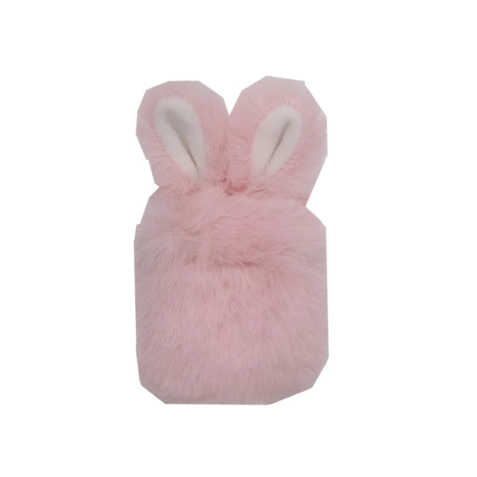 Pink silicone AirPods case cover with raised rabbit ears on a grey background.
