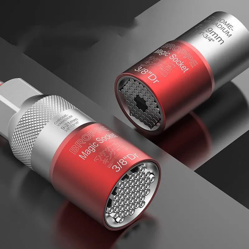 Red metric socket set with 7-19mm and 9-21mm universal sleeves and wrench for electric screwdrivers