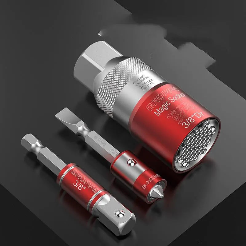 Red metric socket set with 7-19mm and 9-21mm universal sleeves and wrench for electric screwdrivers