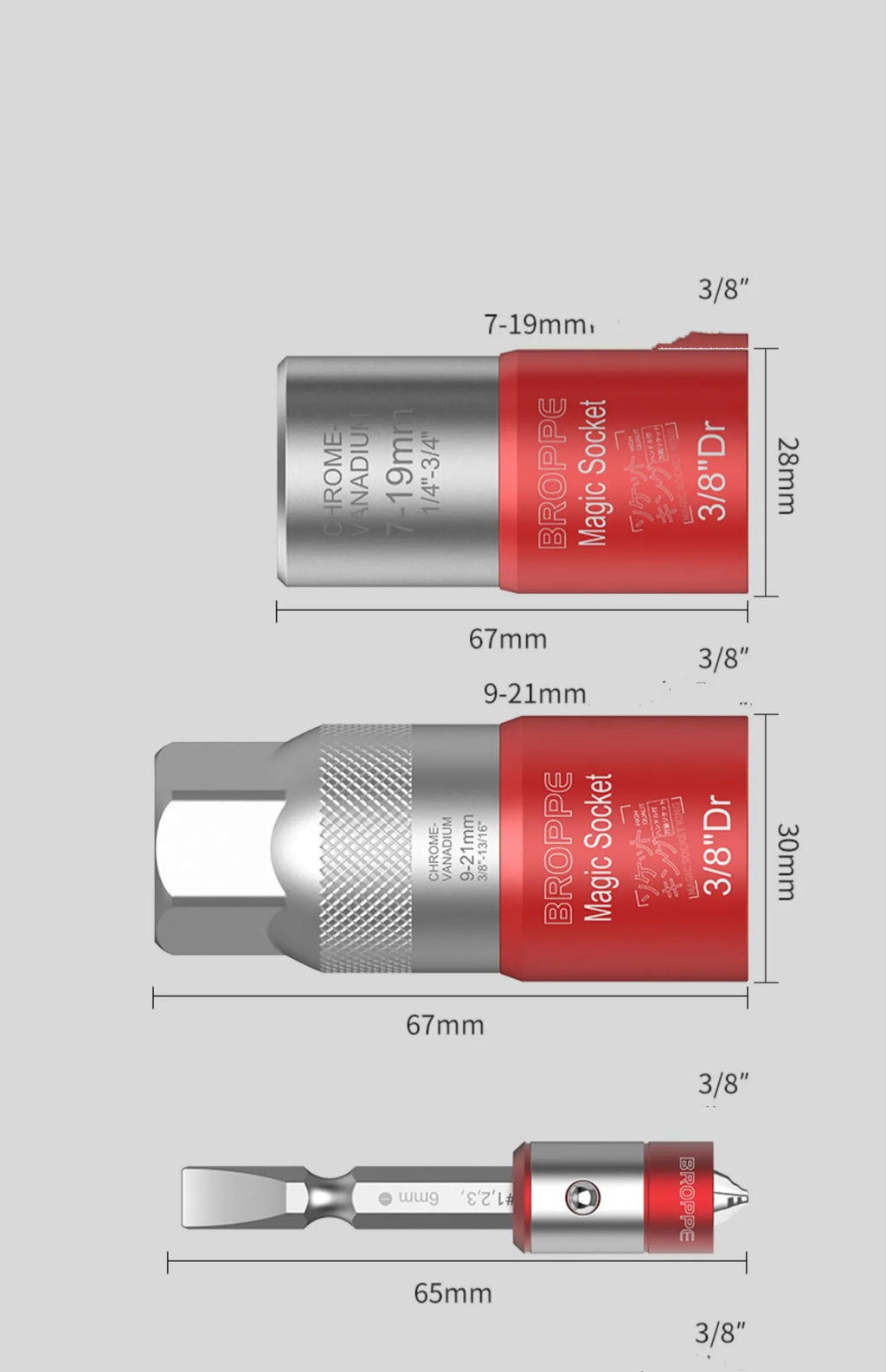 Red metric socket set with 7-19mm and 9-21mm universal sleeves and wrench for electric screwdrivers