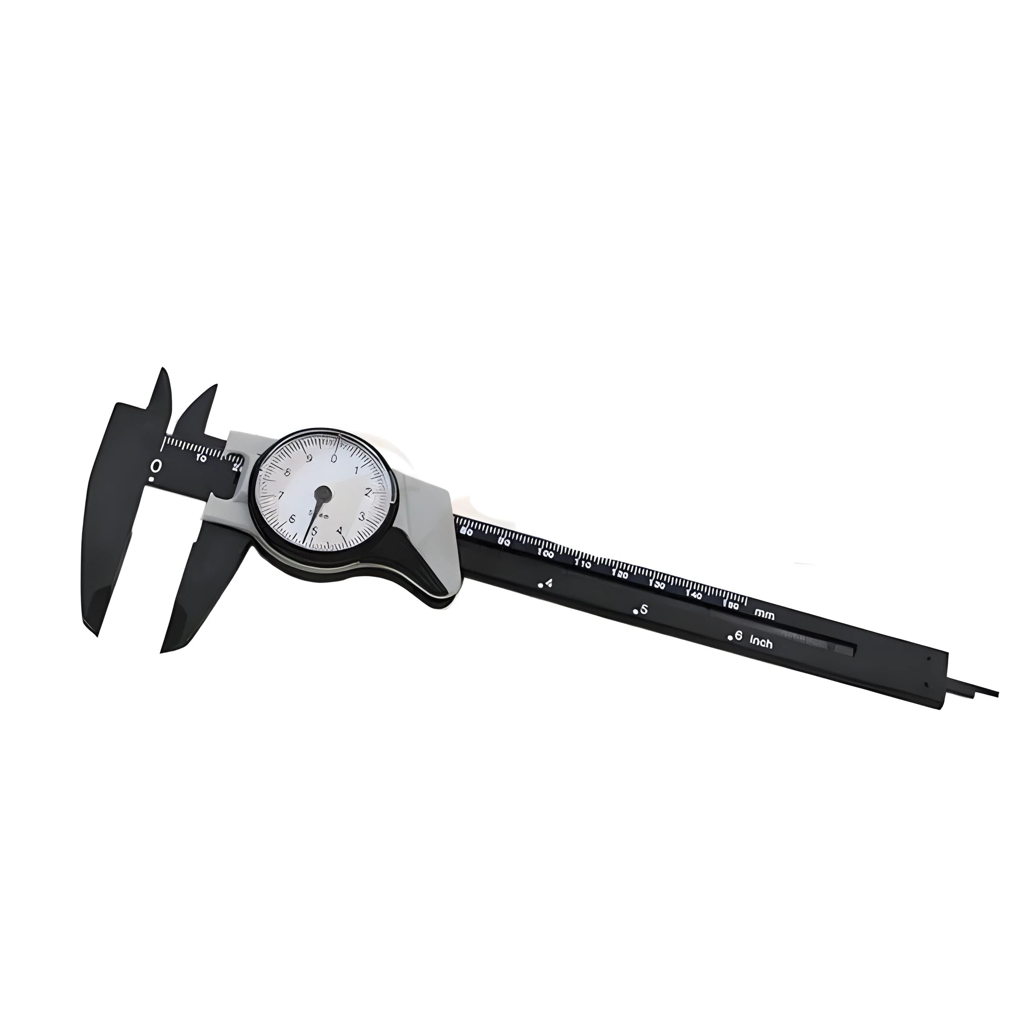 Black and white plastic vernier caliper showing 0-150mm scale with stainless steel jaws.