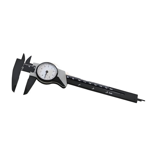Black and white plastic vernier caliper showing 0-150mm scale with stainless steel jaws.