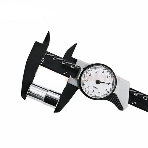 Black and white plastic vernier caliper showing 0-150mm scale with stainless steel jaws.