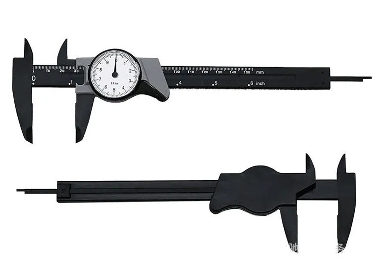 Black and white plastic vernier caliper showing 0-150mm scale with stainless steel jaws.