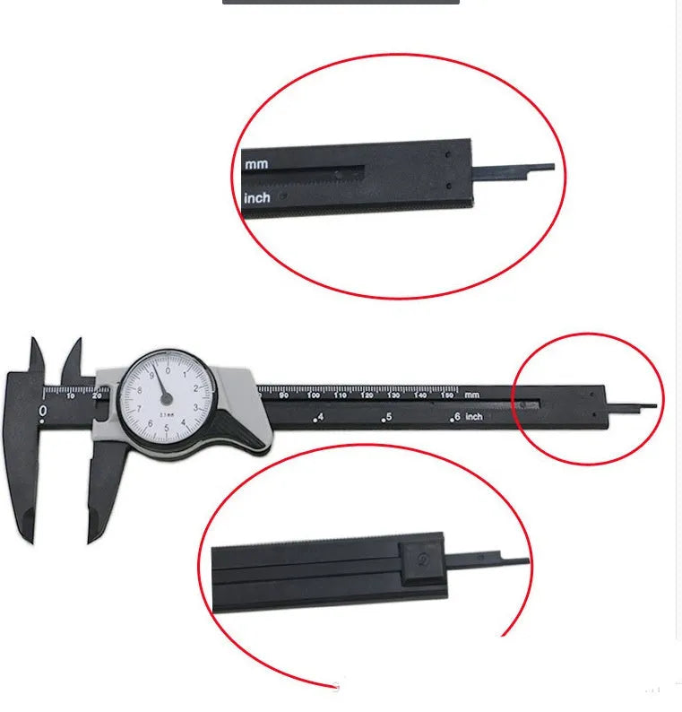 Black and white plastic vernier caliper showing 0-150mm scale with stainless steel jaws.