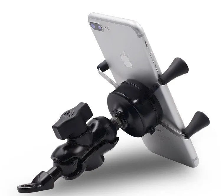 Black aluminium motorcycle phone bracket mounted on handlebar holding smartphone