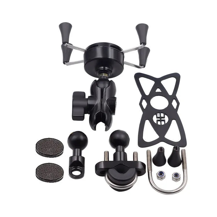 Black aluminium motorcycle phone bracket mounted on handlebar holding smartphone