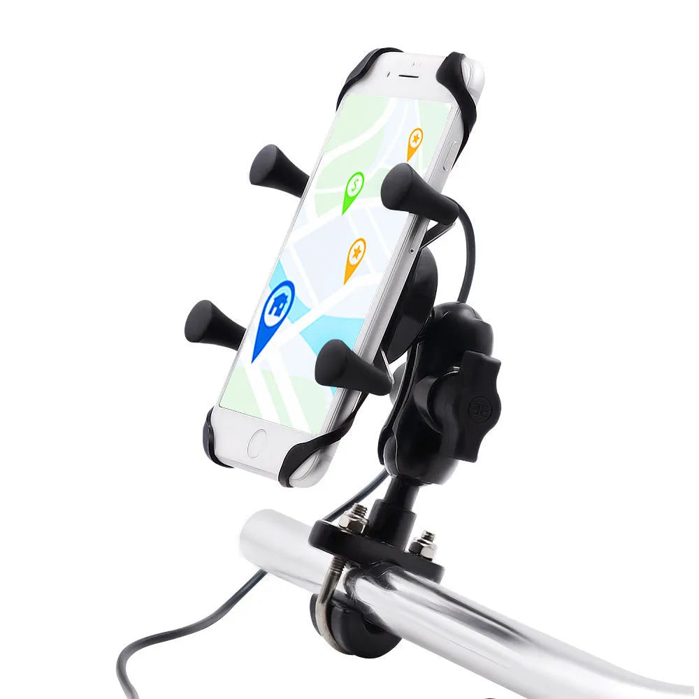 Black aluminium motorcycle phone bracket mounted on handlebar holding smartphone