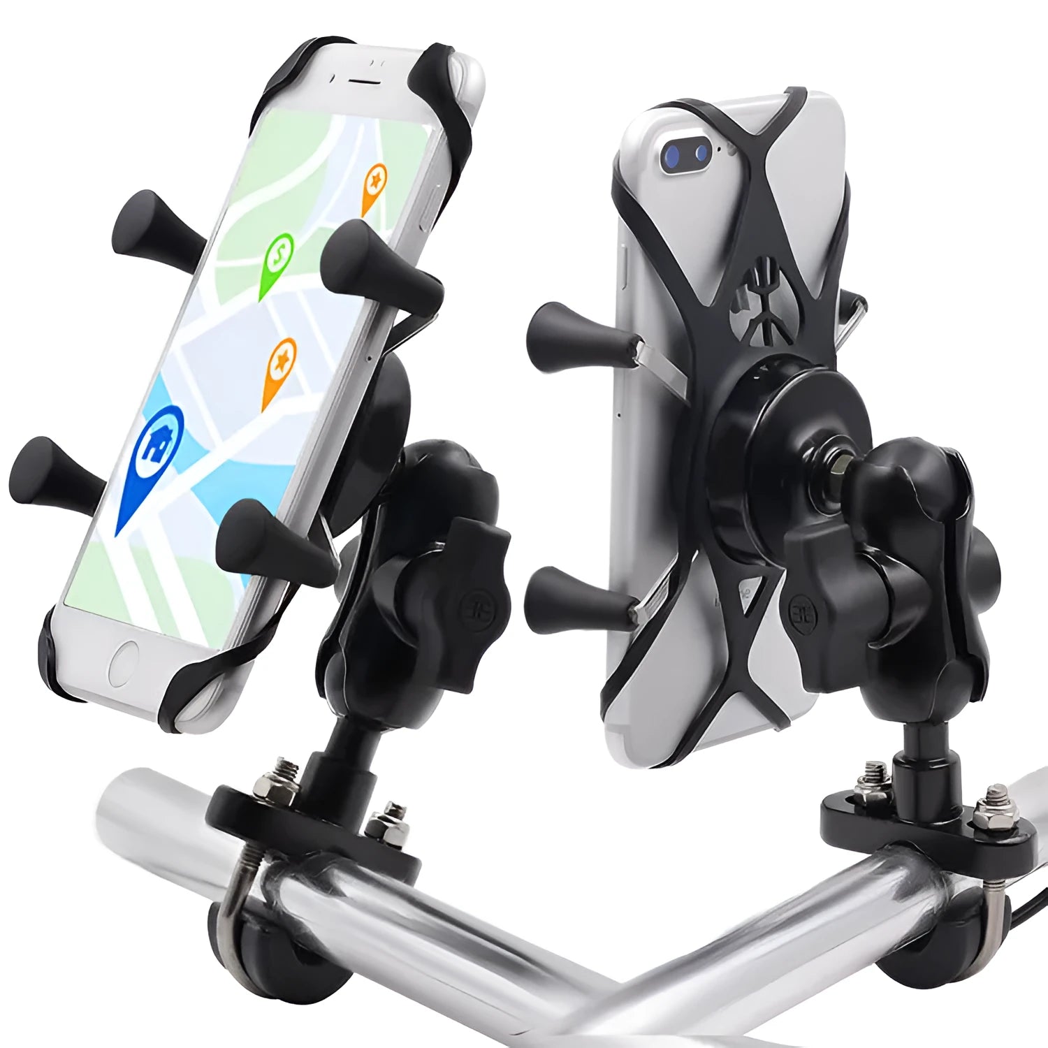 Black aluminium motorcycle phone bracket mounted on handlebar holding smartphone