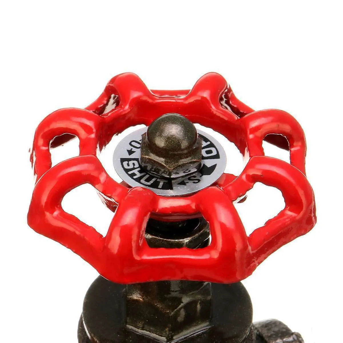 Steampunk grey copper tee valve with a red switch and threaded connections