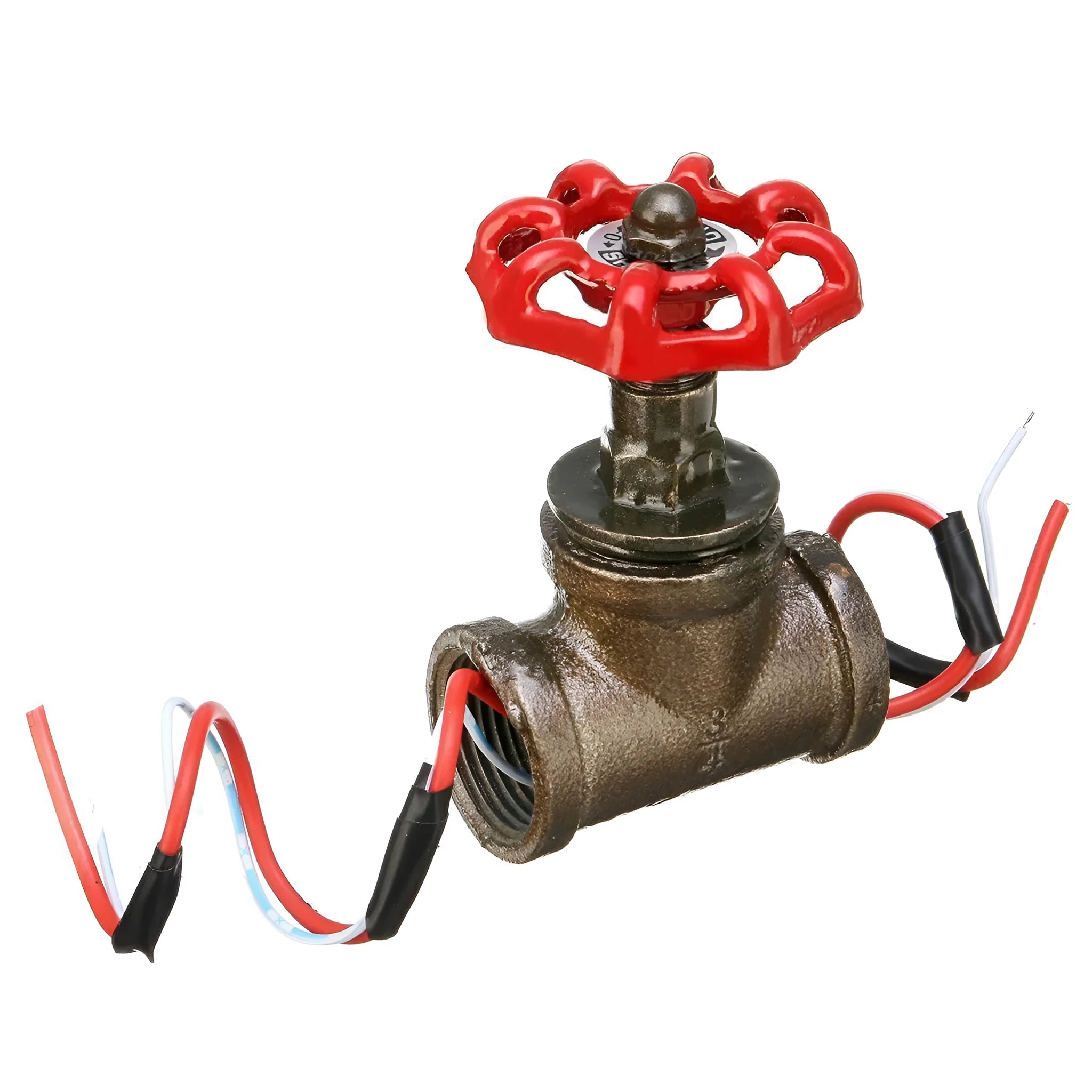Steampunk grey copper tee valve with a red switch and threaded connections