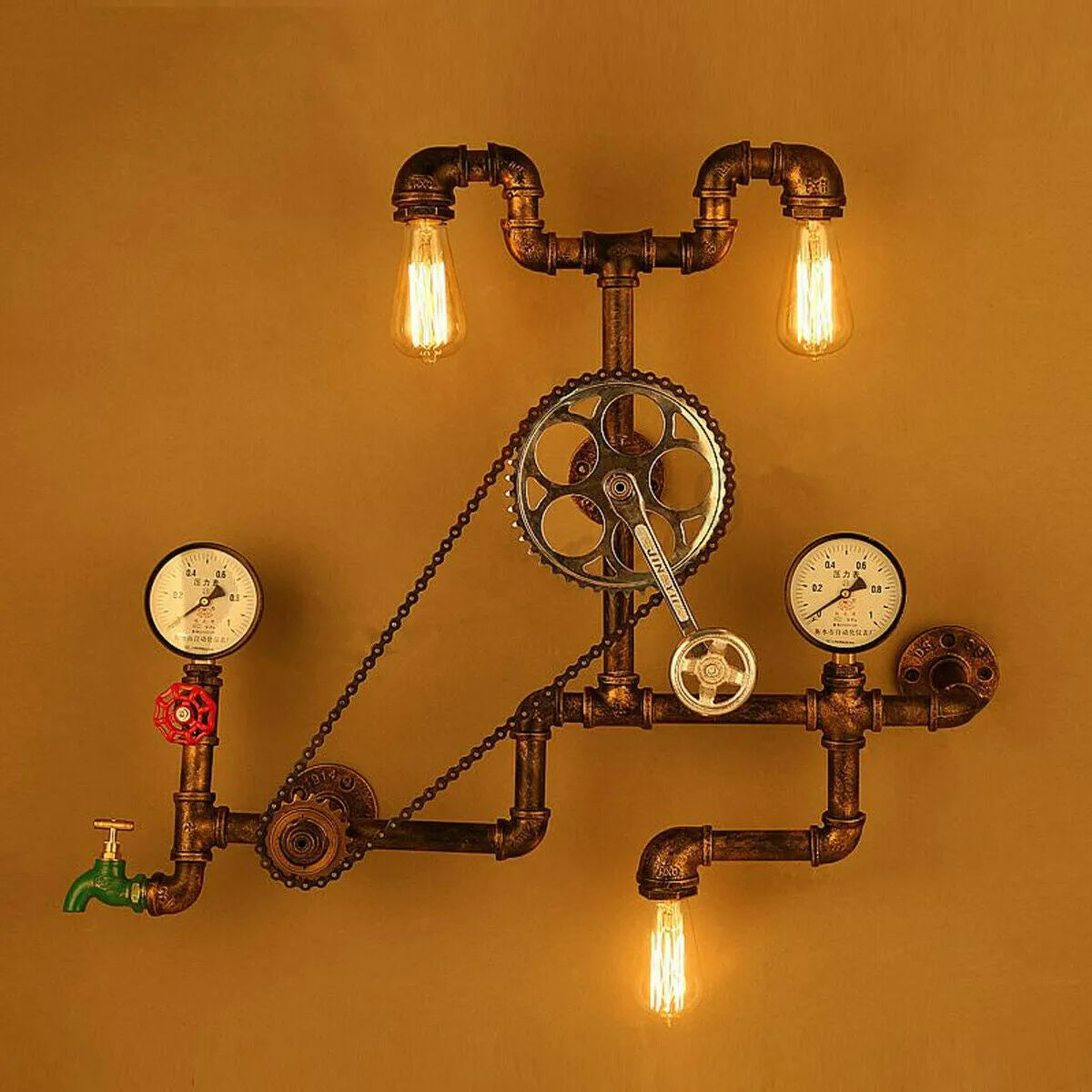 Steampunk grey copper tee valve with a red switch and threaded connections