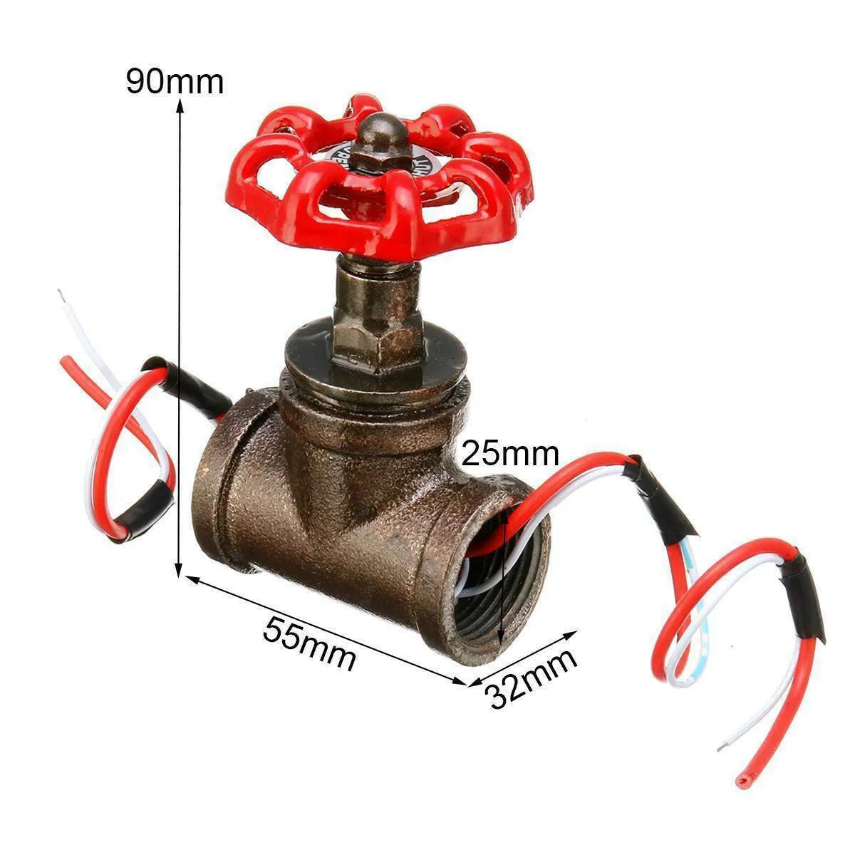 Steampunk grey copper tee valve with a red switch and threaded connections