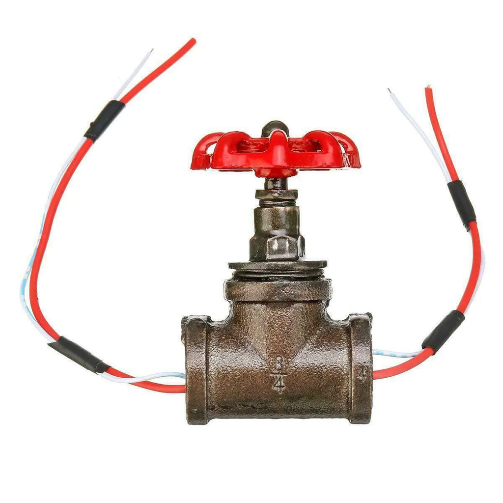 Steampunk grey copper tee valve with a red switch and threaded connections