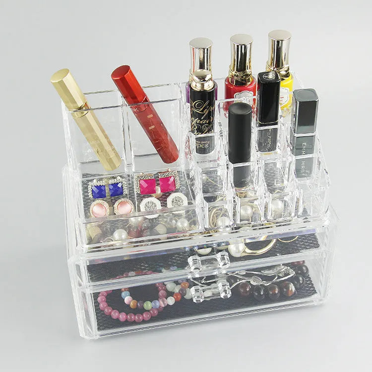 Clear acrylic foldable makeup storage case with transparent design showing internal organisation space
