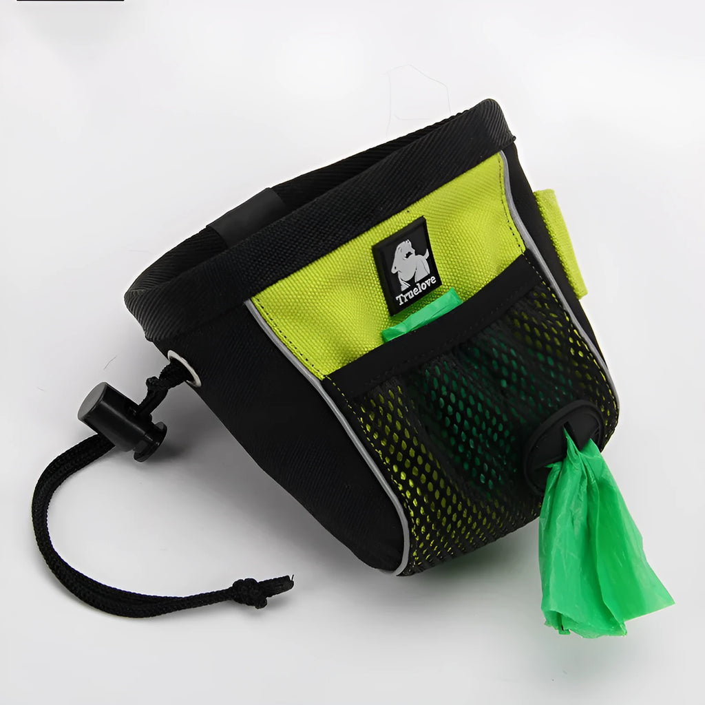 Dog training waist bag with removable waste compartment in green and orange colours