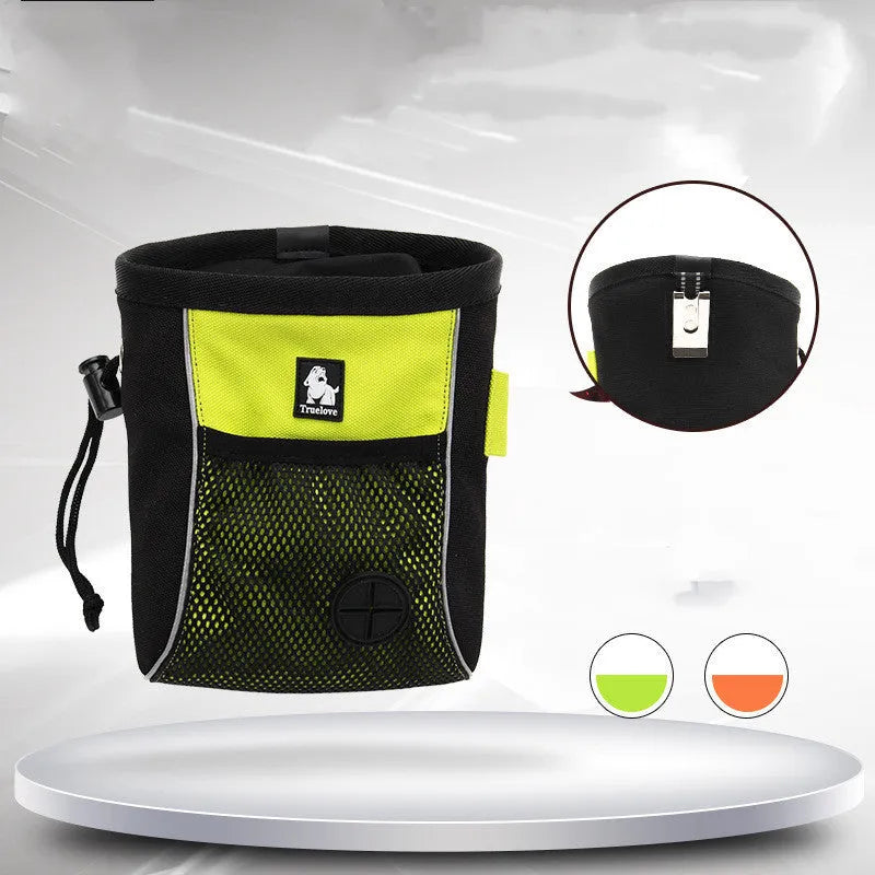 Dog training waist bag with removable waste compartment in green and orange colours