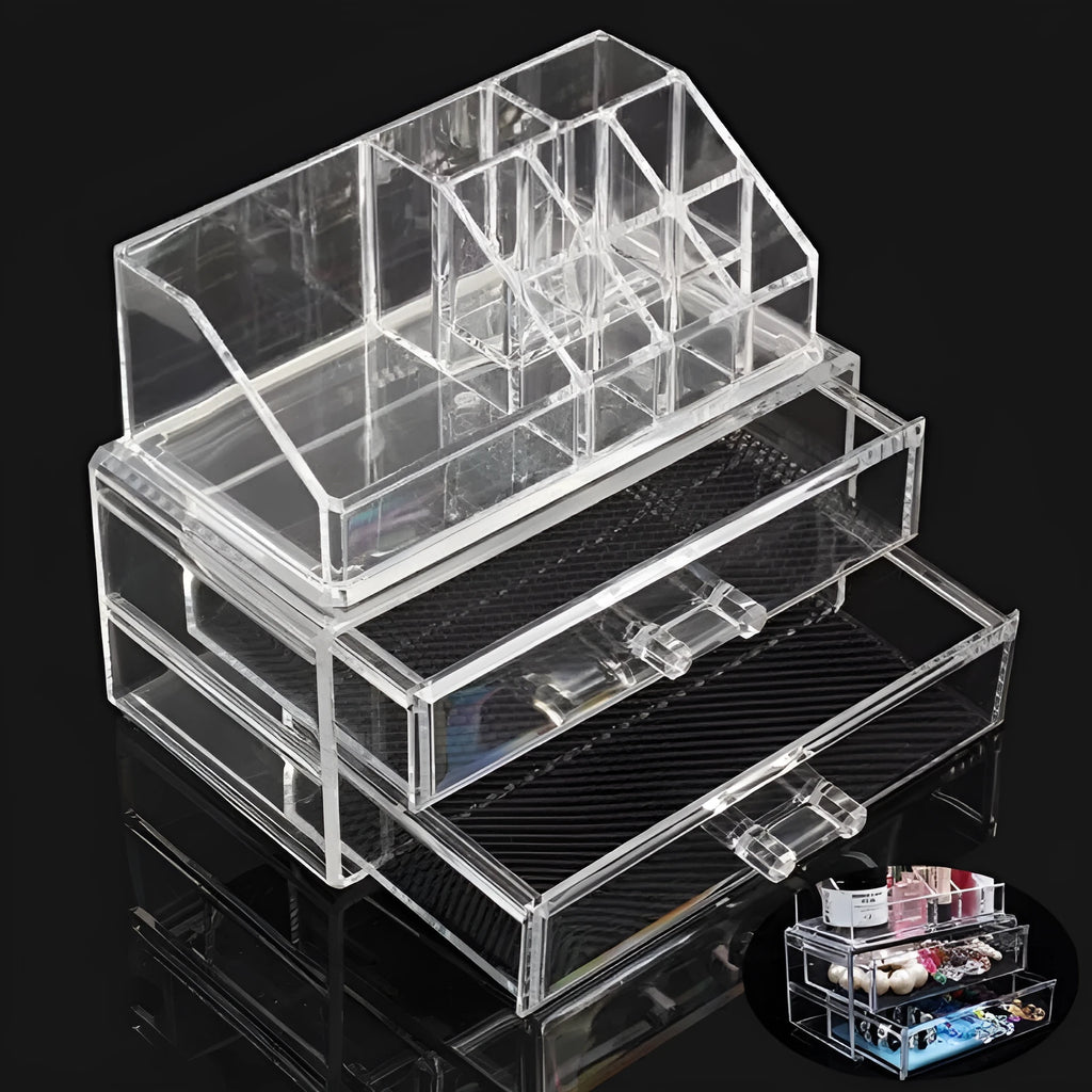 Clear acrylic foldable makeup storage case with transparent design showing internal organisation space