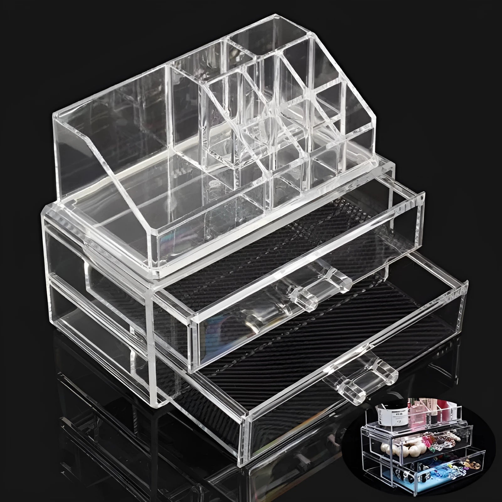 Clear acrylic foldable makeup storage case with transparent design showing internal organisation space