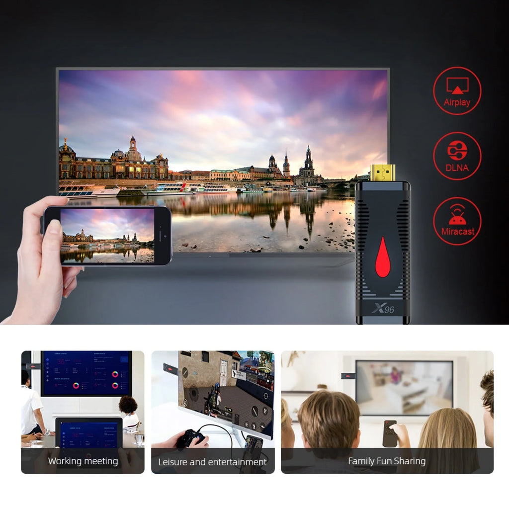 Android TV set-top box streaming device in mini TV stick dongle format with infrared remote control