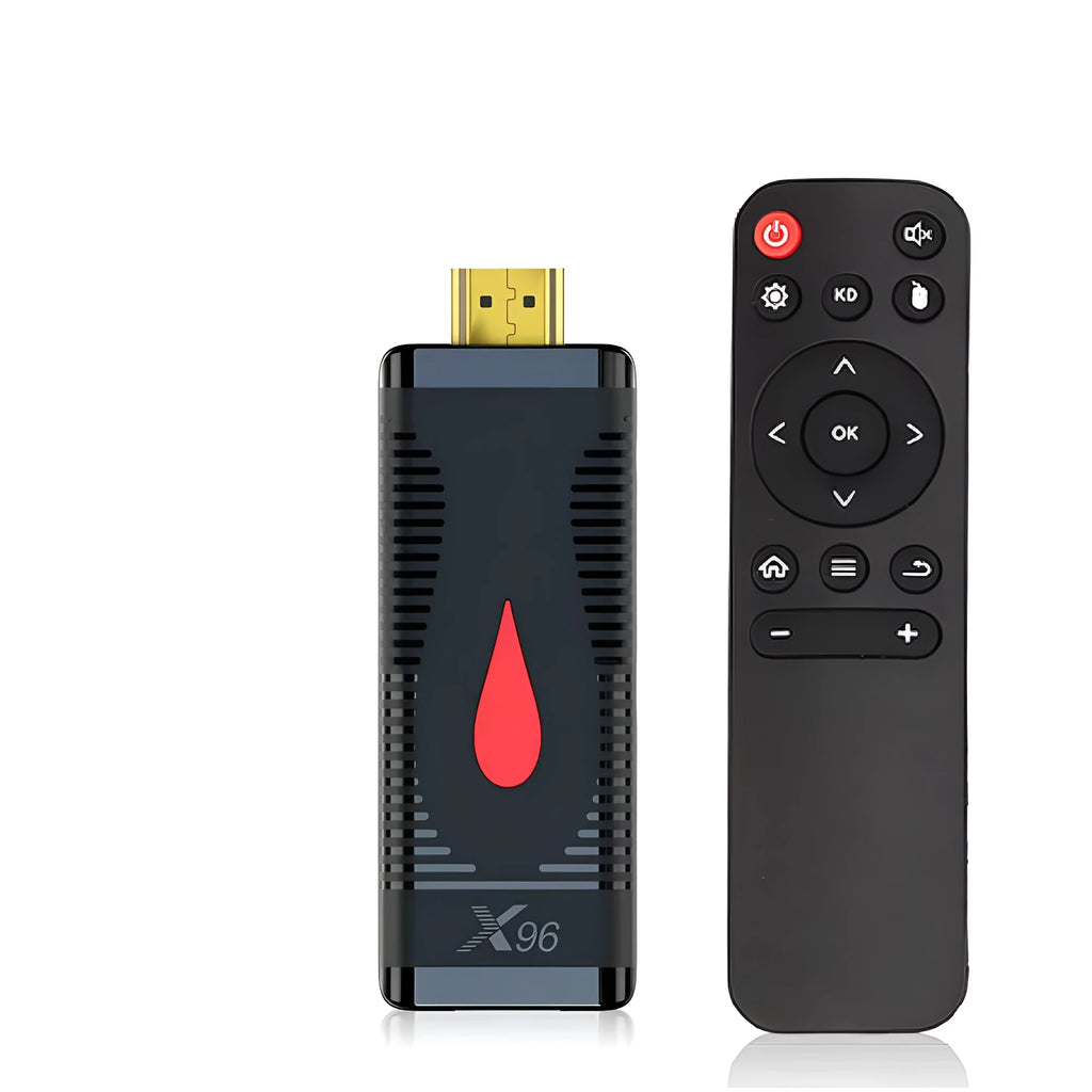 Android TV set-top box streaming device in mini TV stick dongle format with infrared remote control