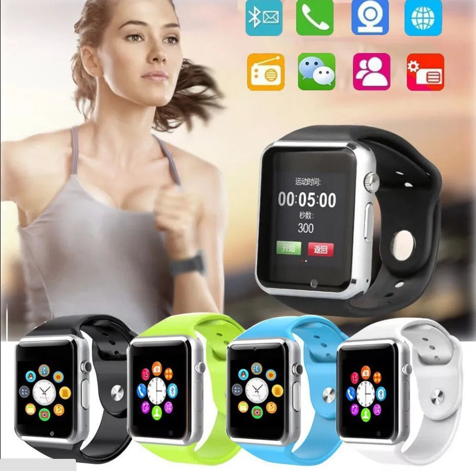 A1 Smart Watch in various colours with 1.54-inch screen, GSM SIM slot, and camera for Android phones.