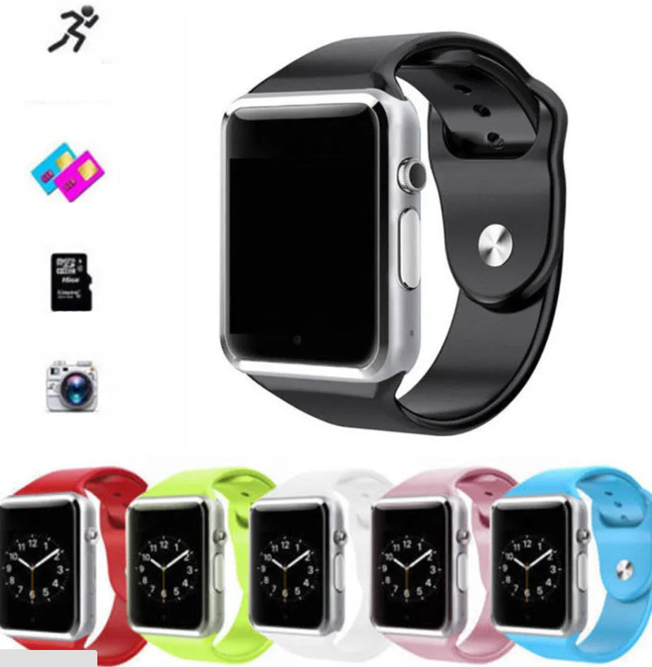 A1 Smart Watch in various colours with 1.54-inch screen, GSM SIM slot, and camera for Android phones.