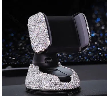 Multifunctional dual-use car mobile phone rack with rhinestone finish and 360 degree rotation