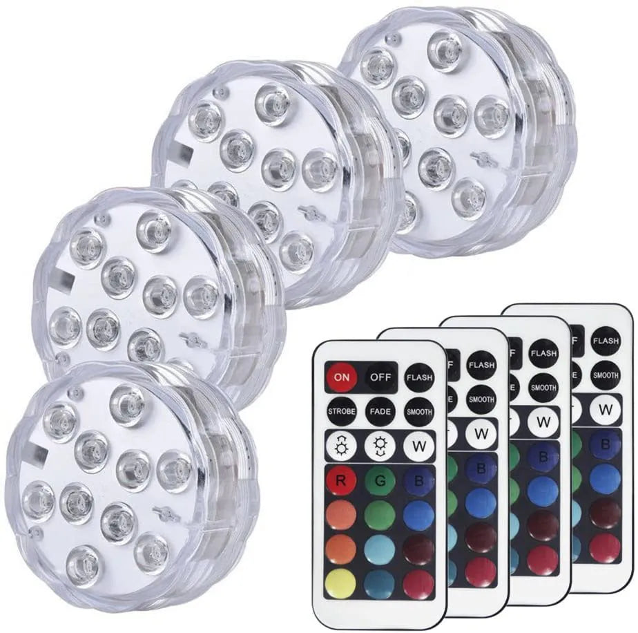 White waterproof disc LED light with remote control for swimming pools and garden decoration.