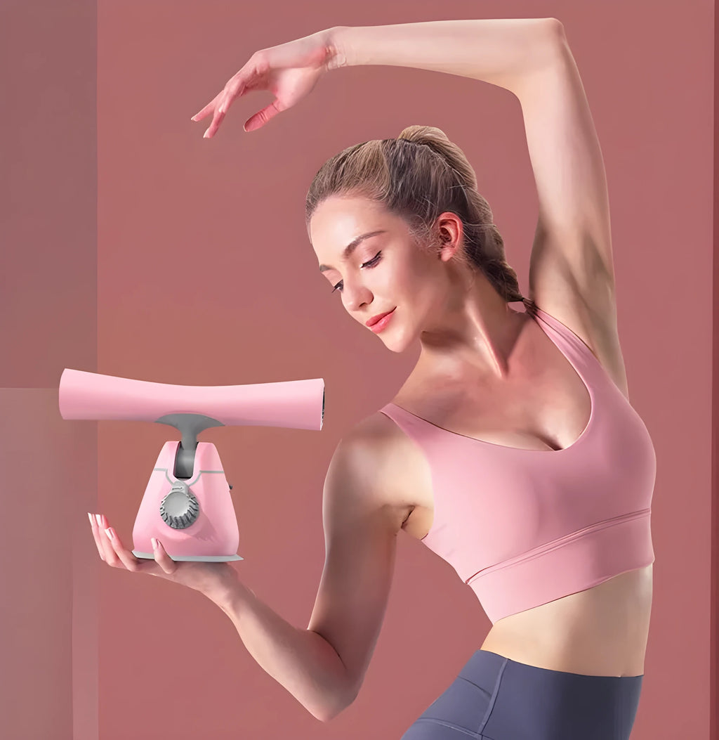 Women's sit-up aid with suction cup base, thick foam foot pad, and adjustable height mechanism on a home floor