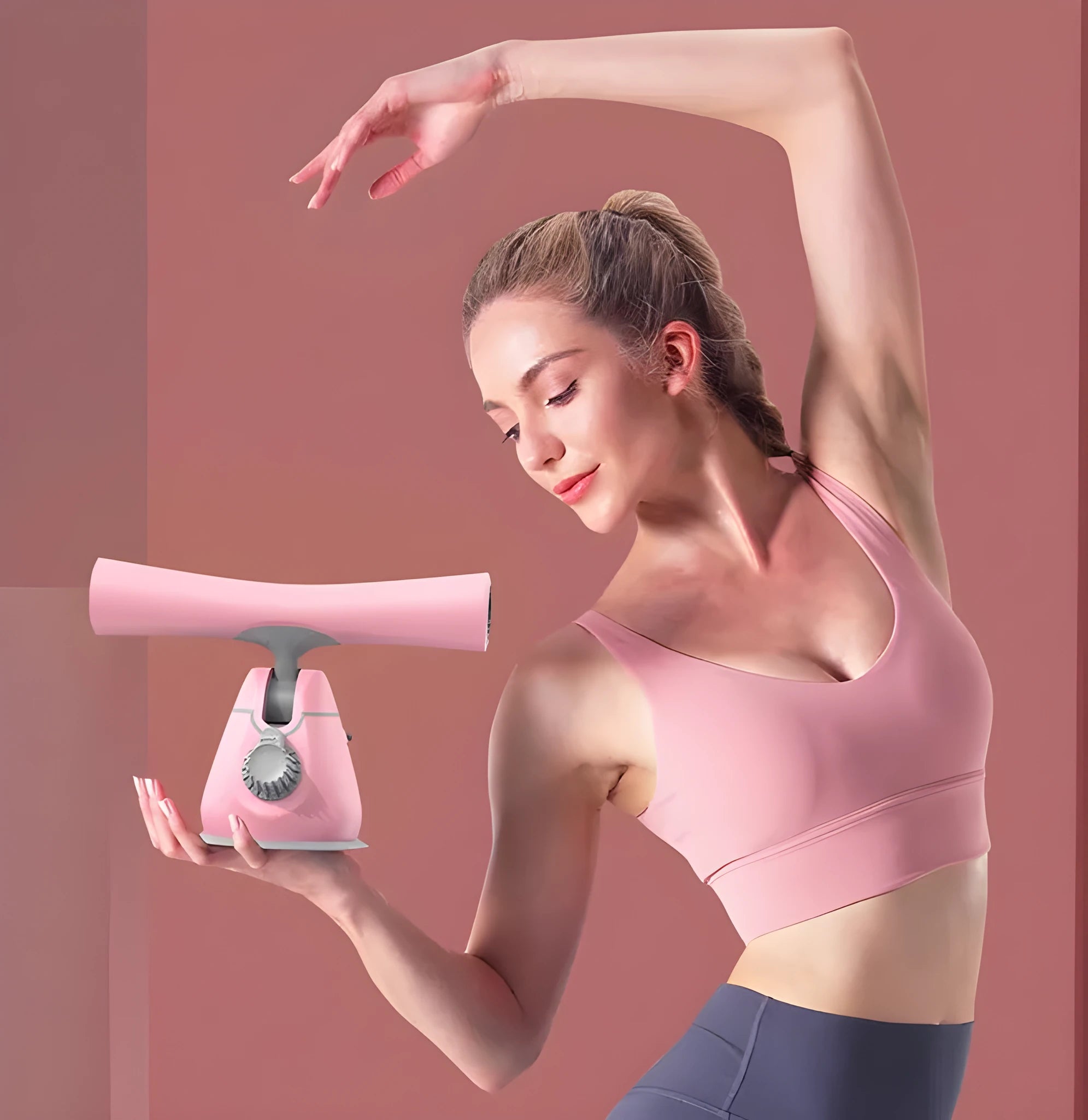 Women's sit-up aid with suction cup base, thick foam foot pad, and adjustable height mechanism on a home floor