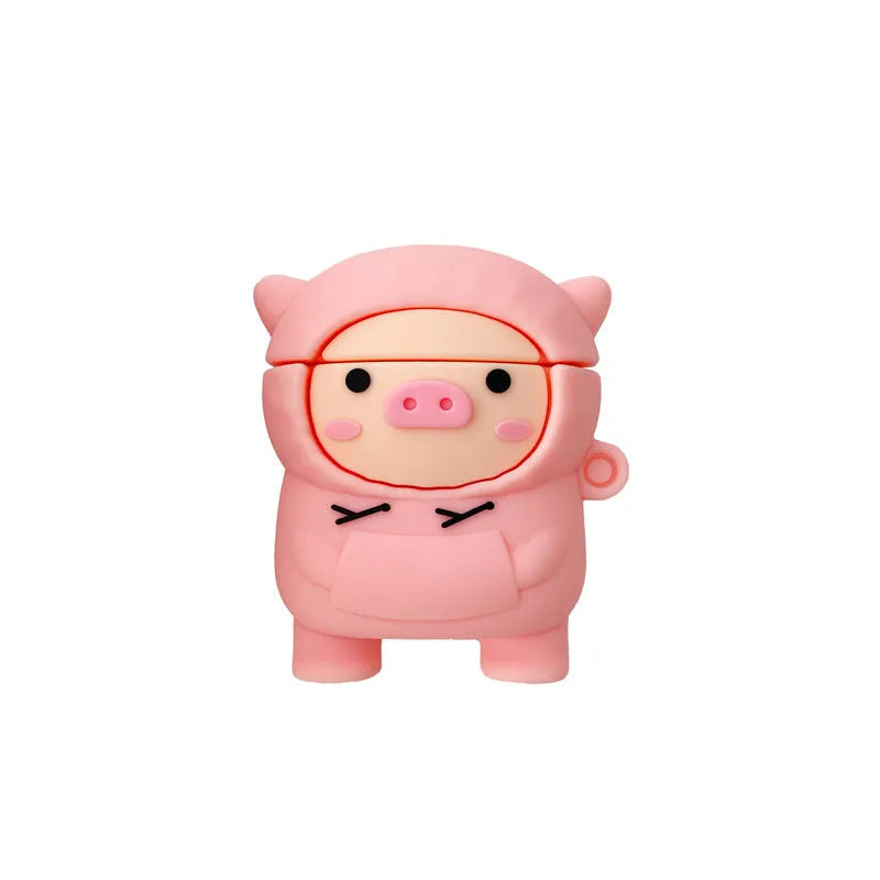 Pink silicone AirPods case cover with cartoon pig design and a metal hook attached