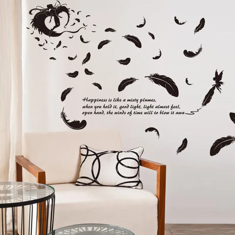 Black feather angel three generations removable wall sticker on a white wall.