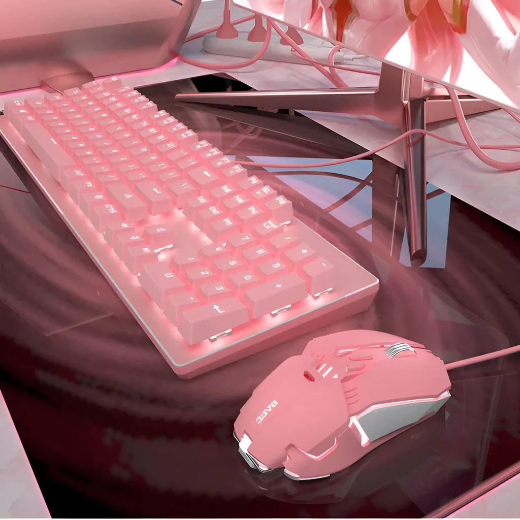 Pink mechanical keyboard and mouse set with white backlight, wired USB, and multimedia keys